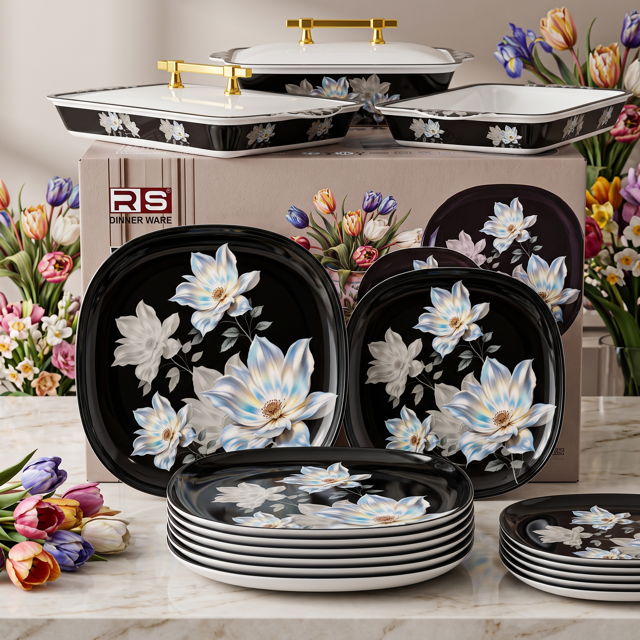 Dark Noir Blue Blossom 72 Piece Melamine Dinner Set | YB Melamine - Image 5