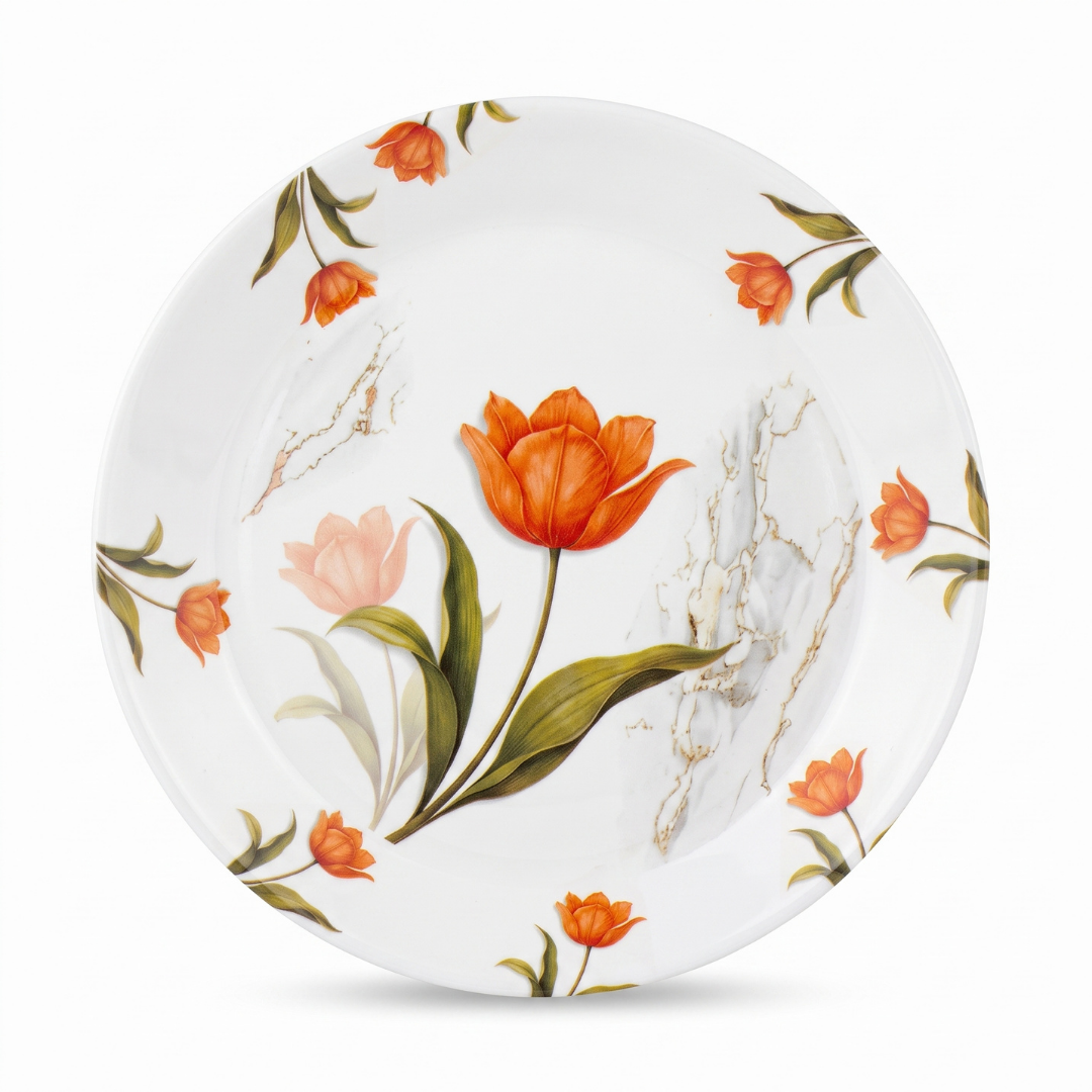 Orange Tulip & Marble Border 72 Piece Melamine Dinner Set | YB Melamine