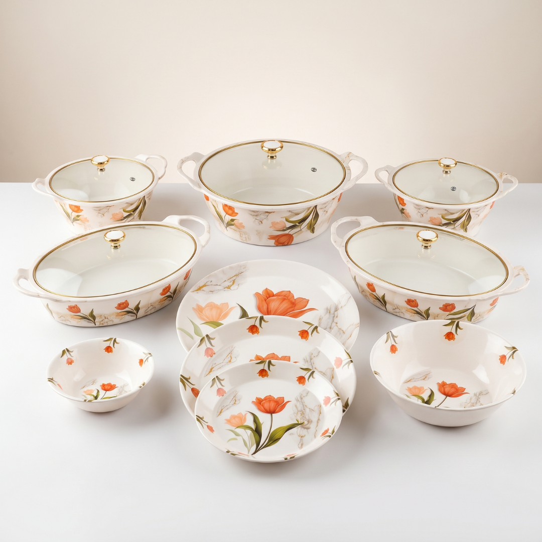 Orange Tulip & Marble Border 72 Piece Melamine Dinner Set | YB Melamine - Image 4