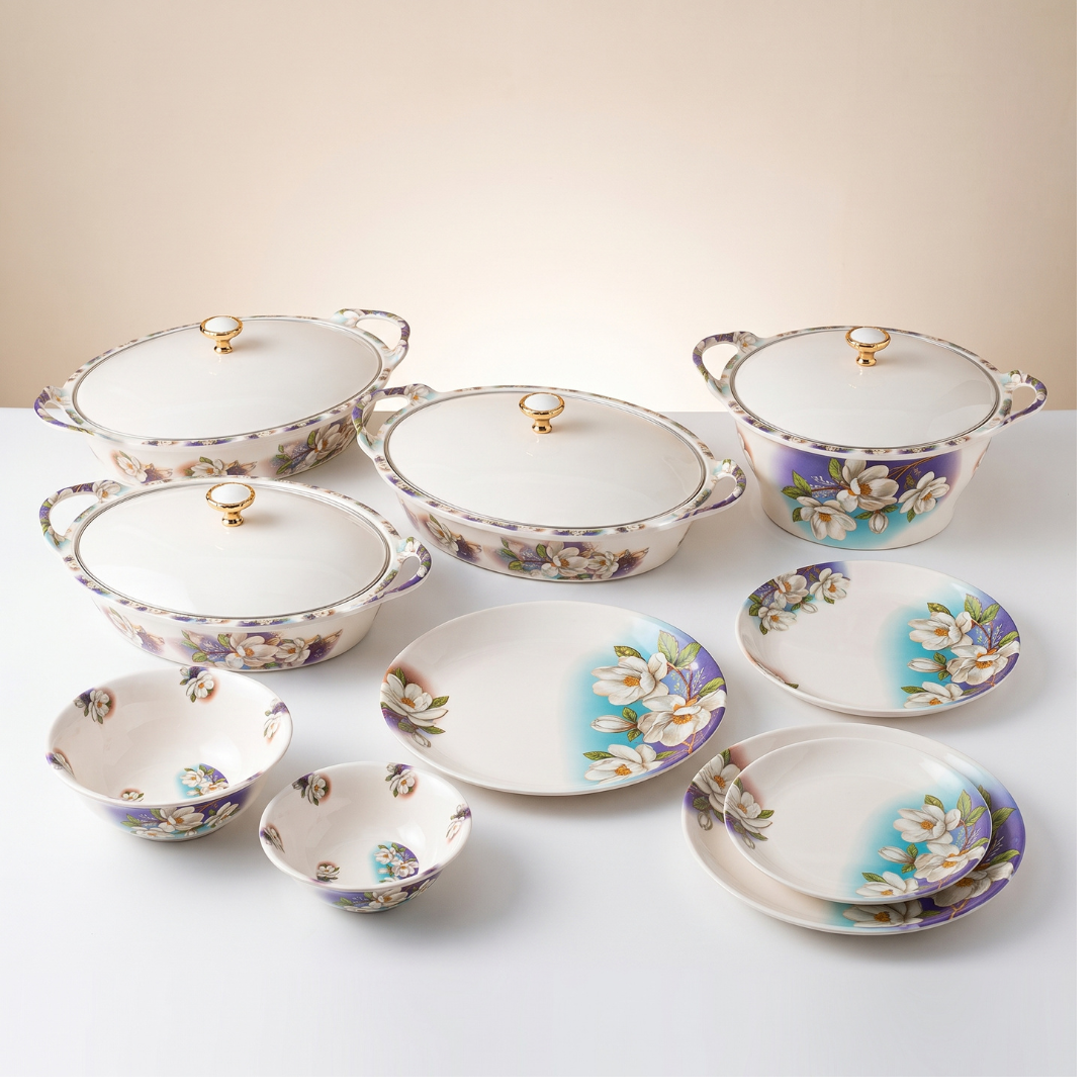 Blue & White Magnolia Floral 72 Piece Melamine Dinner Set | YB Melamine - Image 2