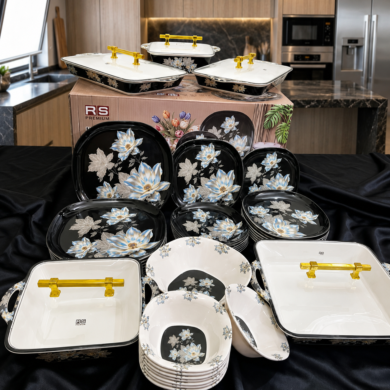 Dark Noir Blue Blossom 72 Piece Melamine Dinner Set | YB Melamine - Image 3