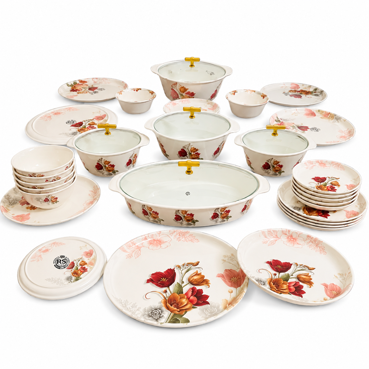 Crimson & Gold Tulip Bouquet 72 Piece Melamine Dinner Set | YB Melamine - Image 3