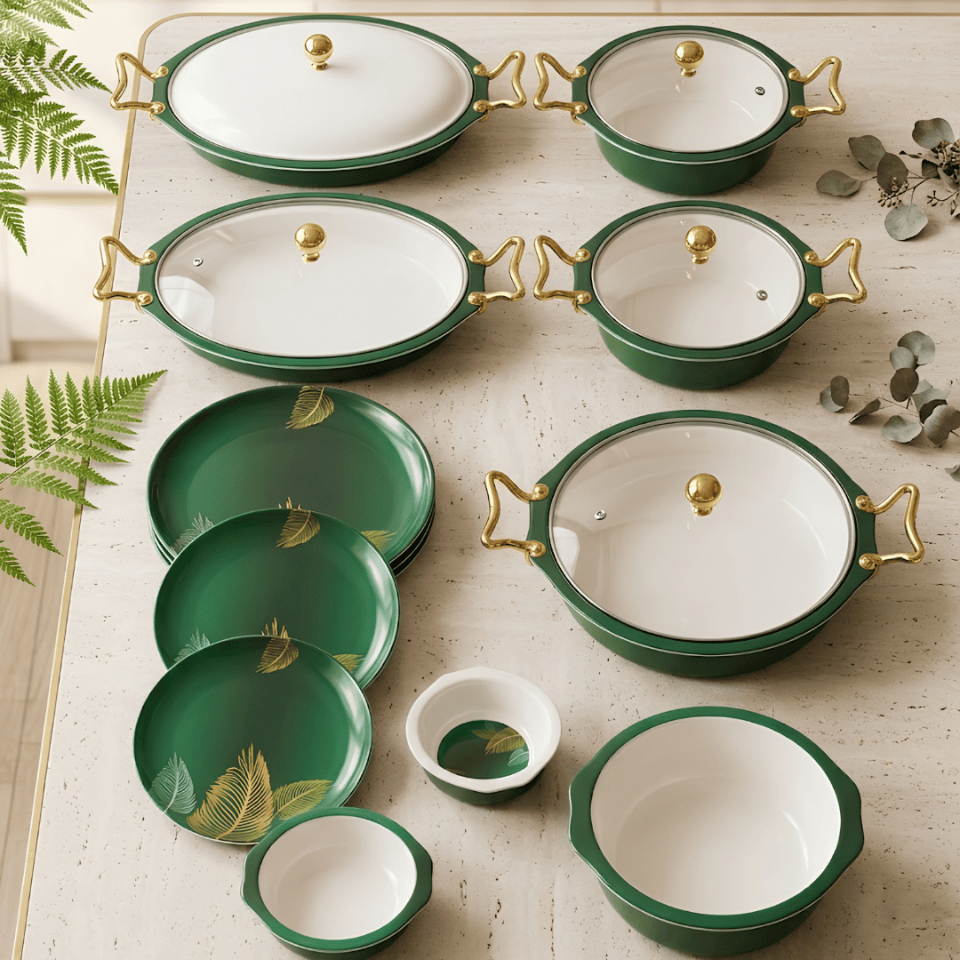 Emerald Green & Gold Feathers 80 Piece Double Glazed Melamine Dinner Set | YB Melamine - Image 6