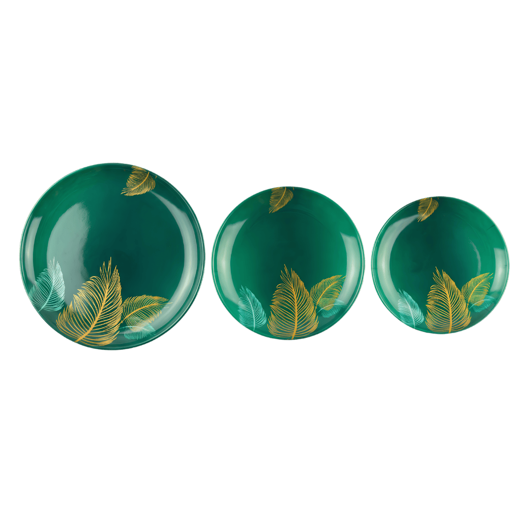 Emerald Green & Gold Feathers 80 Piece Double Glazed Melamine Dinner Set | YB Melamine - Image 2