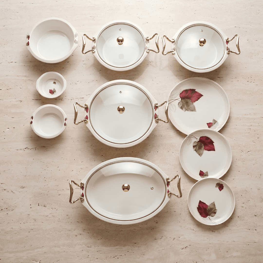 Maroon & Grey Maple Leaves 80 Piece Double Glazed Melamine Dinner Set | YB Melamine - Image 5